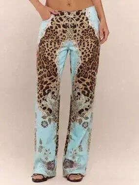 ZARA Blue Casual Women's Leopard Print Lace Up Straight Leg Printed Jeans